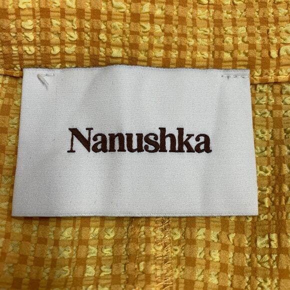 NANUSHKA Size L Yellow Brown Polyester Blend Plaid Short Sleeve Shirt - Picture 6 of 7